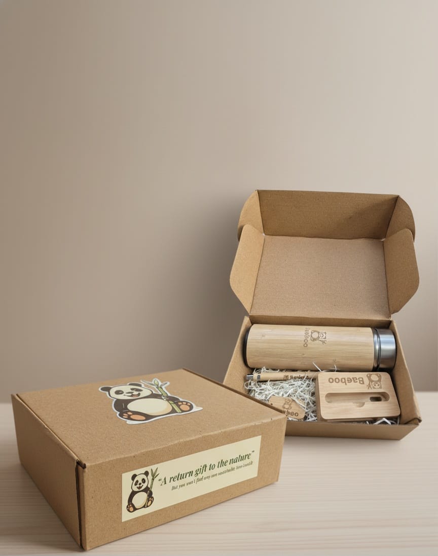 Corporate Gifts Hampers – Bamboo Bottle , key chain, bamboo pen and bamboo Stand Set – Baeboo Naturals
