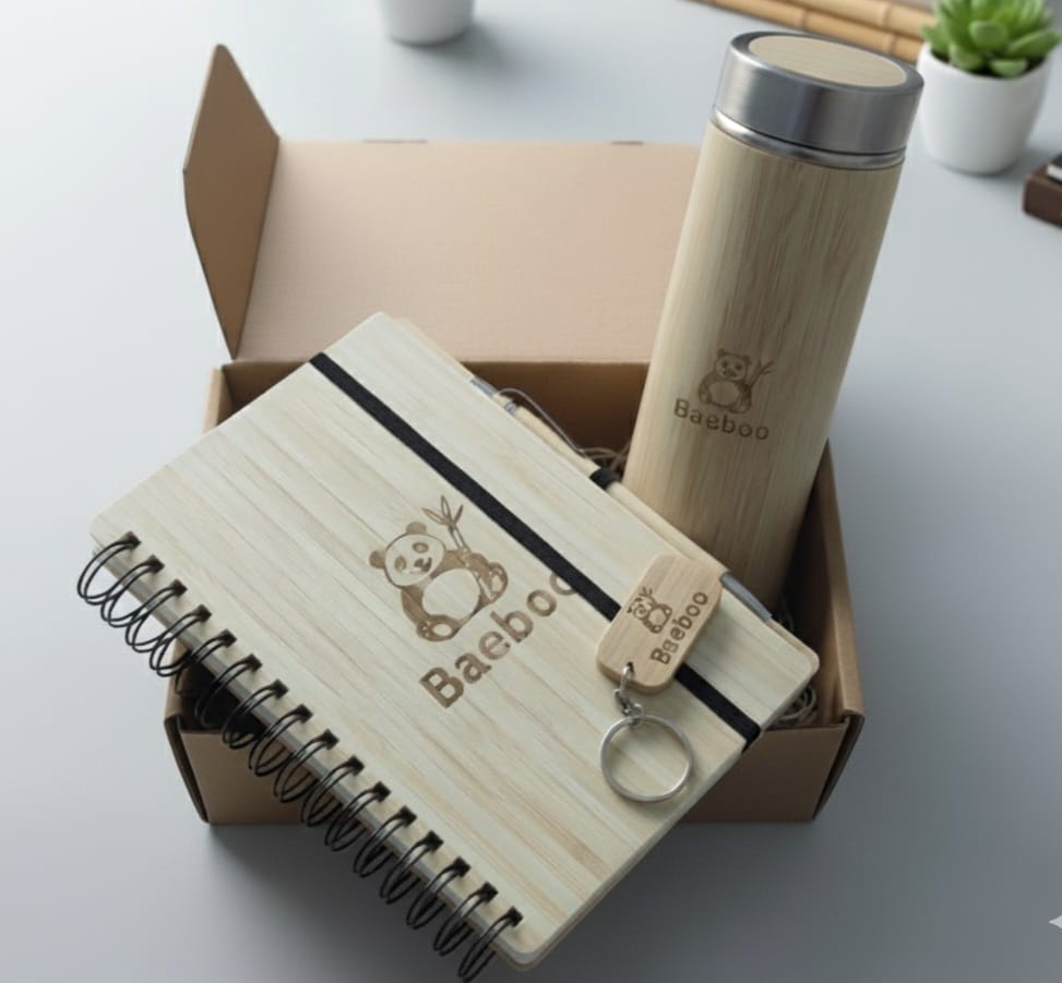 Eco Friendly Corporate Gifts – Bamboo diary , bamboo pen, bamboo Keychain and bamboo bottle - Baeboo Naturals